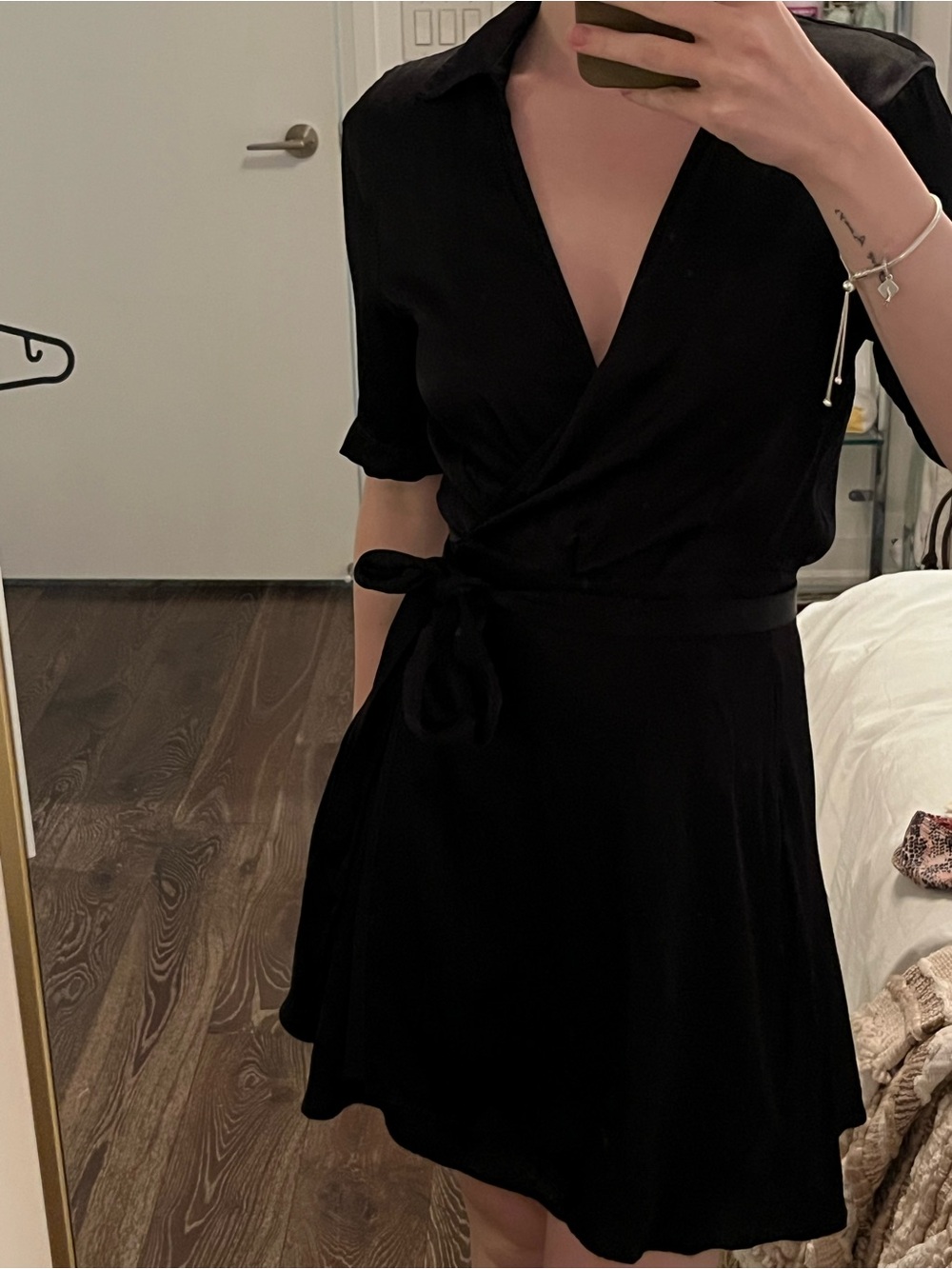 Black Wrap Tie Short & Short Sleeve Satin Dress